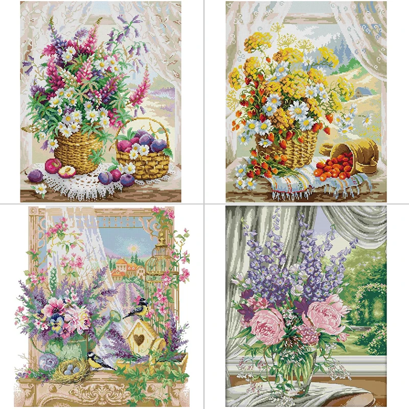 Home Textiles Discount - Window Sill ตะกร้าดอกไม้ดอกไม้รูปแบบ Cross Stitch Aida
