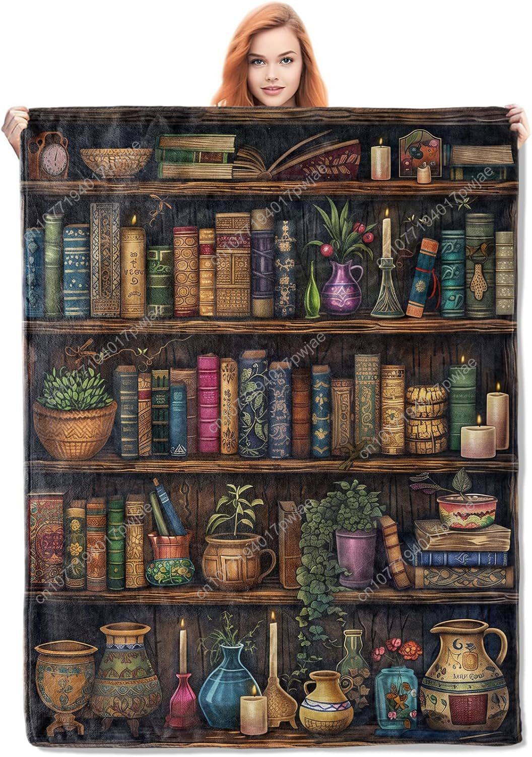 Home Textiles & Decorations - ผ้าห่มลายชั้นวางหนังสือวินเทจ ผ้าฟลีซเนื้อนุ่มสบาย น้ำหนักเบา พร้อมลายหนังสือโบราณและของตกแต่ง สำหรับทำผ้าห่มแบบสั่งทำ