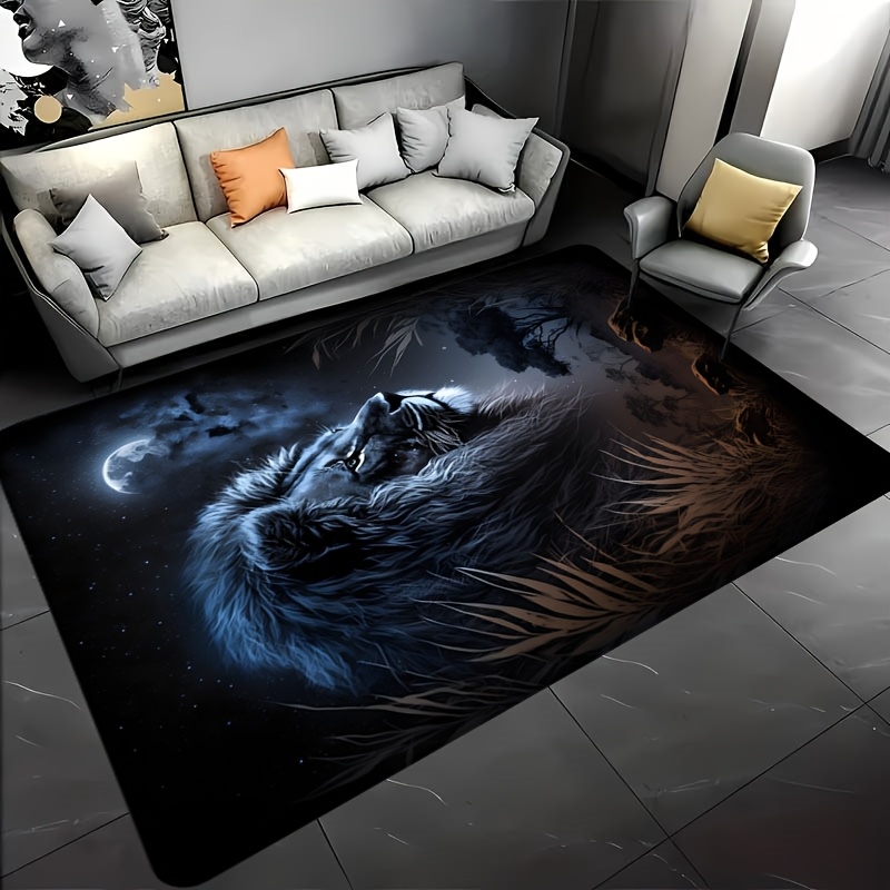 Home Textiles Rug - พรมปูพื้นลายสิงโต Starry Night - พรมตกแต่งลายสัตว์สีทองสุดสร้างสรรค์ -