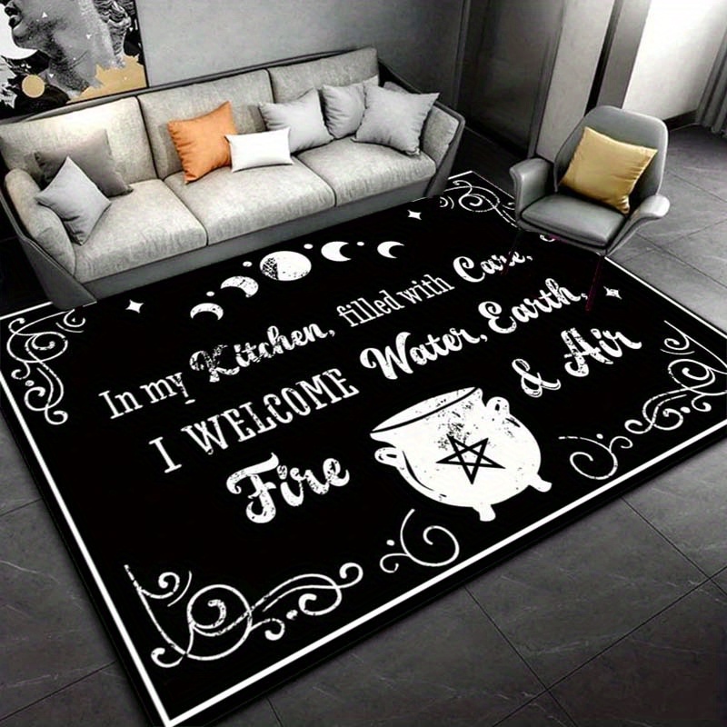 Home Textiles Rug - พรมครัวแม่มด: องค์ประกอบเวทมนตร์เพื่อการตกแต่งภายในที่อบอุ่น | ของตกแต่งบ้านสไตล์โกธิค | พรมพื้นที่สีดำและสีขาวที่น่าหลงใหล