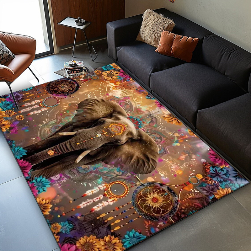 Home Textiles Rug - พรมลายมันดาลาช้าง: ลายดอกไม้แบบชาติพันธุ์สำหรับบ้านสไตล์โบฮีเมียน | การตกแต่งสไตล์อินเดียที่สดใส | พรมลายสัตว์แปลกตา