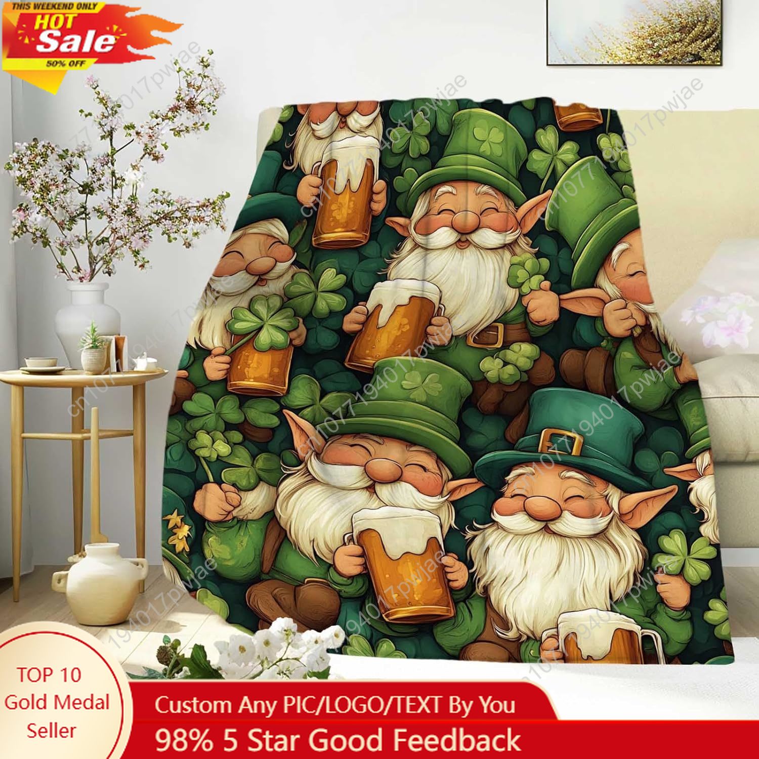 Home Textiles & Decorations - ผ้าห่มลายกู๊ดแมนวันเซนต์แพทริก พร้อมแก้วเบียร์และลายใบโคลเวอร์ ผ้าห่มสีเขียวแสนสบายสำหรับทุกเพศทุกวัย เหมาะสำหรับวันเซนต์แพทริก ผ้าห่มสั่งทำพิเศษ