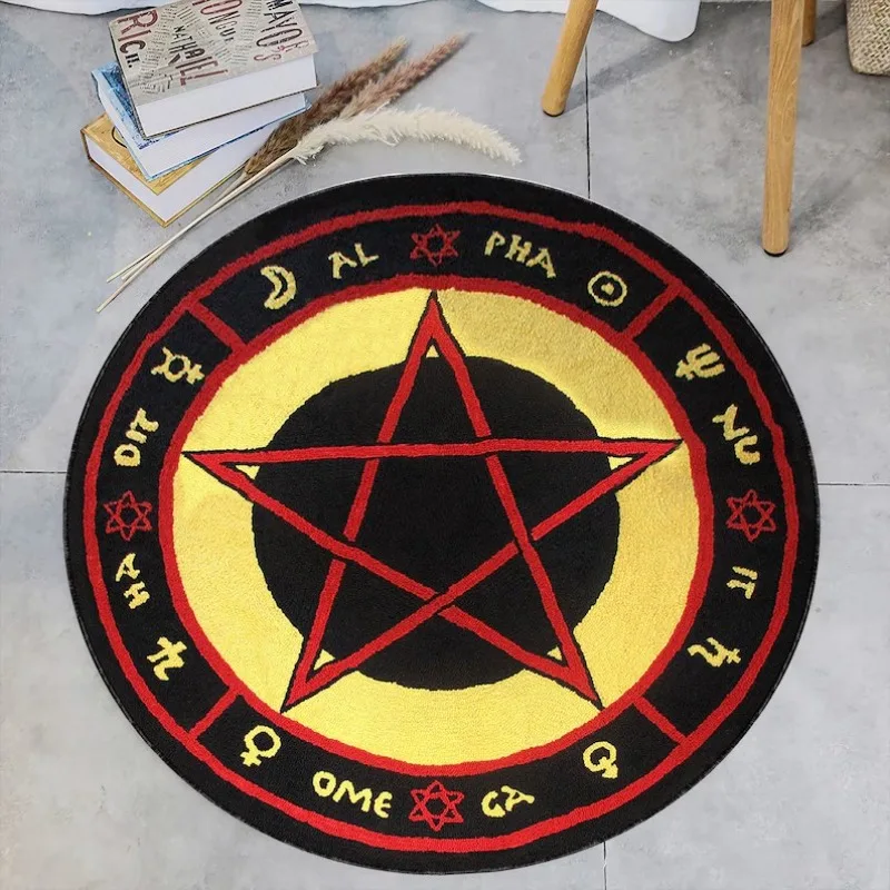 Home Textiles Rug - พรมพื้นที่กลมพิมพ์ลายสัญลักษณ์ลึกลับ, พรมปูพื้นกำมะหยี่คริสตัลที่ได้รับแรงบันดาลใจจากแอสโตรสำหรับตกแต่งห้องนอนห้องนั่งเล่น, พรมวงกลมแบบกอธิค
