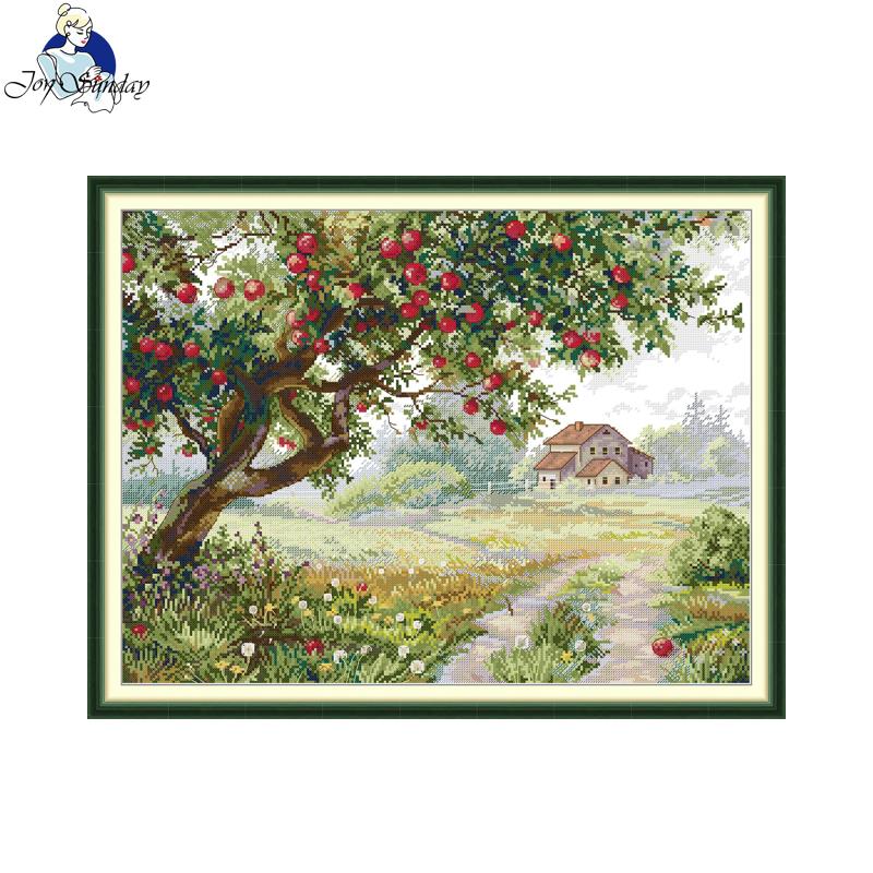 Home Textiles Discount - ชุดเย็บปักถักร้อย Joy Sunday ลายต้นแอปเปิ้ลโบราณ ผ้า Aida